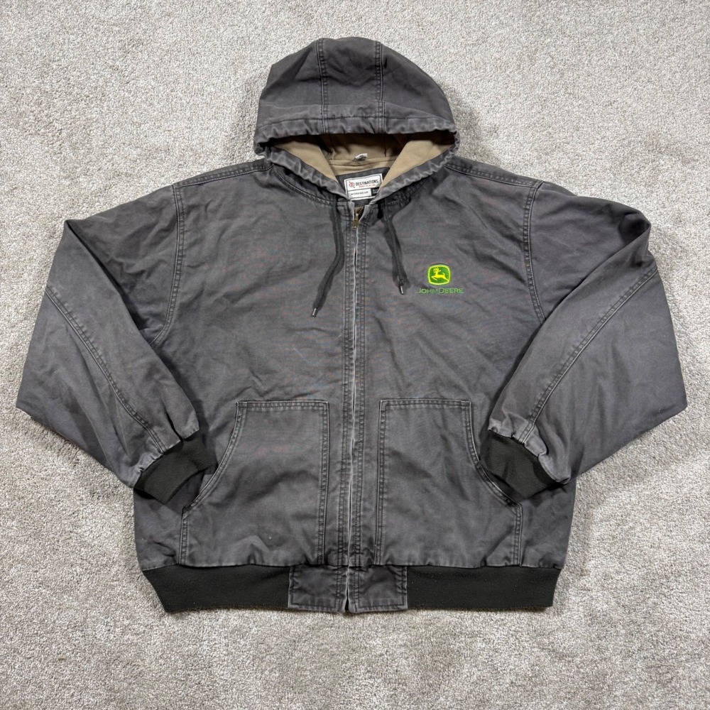 John Deere Destinations Workwear Jacket Mens 2XL Black Canvas Hooded Bomber Zip